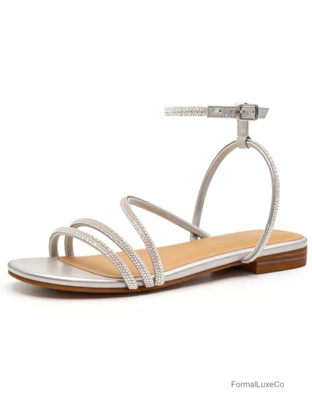 Strappy Open Toe Rhinestone Flat Sandals with Ankle Strap for Wedding Guest